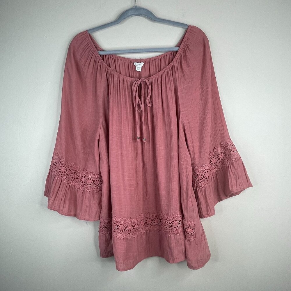 Womens Boho Top 22W 24W Pullover Peasant Flare 3/4 Sleeve Crochet Flowy Tunic